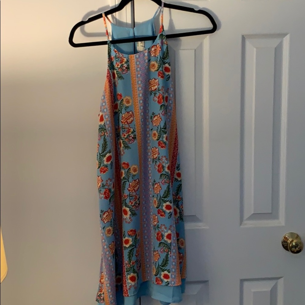 High neck blue floral dress